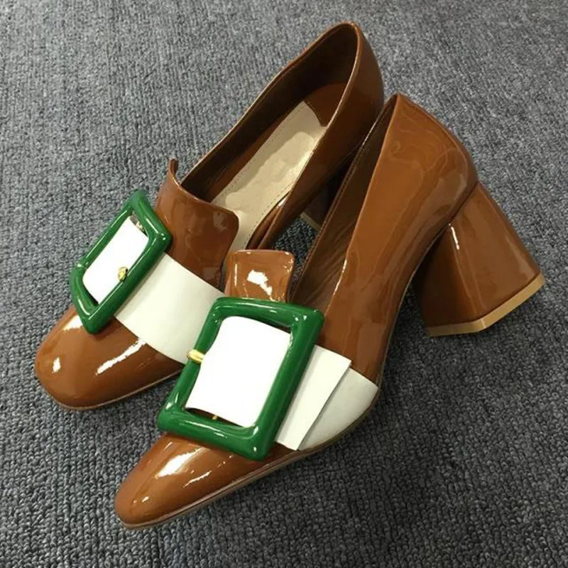 5cm Hoof Heel Women Pumps Mixed Colors Square Toe Buckle Lady Shoes Patent Leather Office Slip-On for Woman Tenis Feminino | Обувь