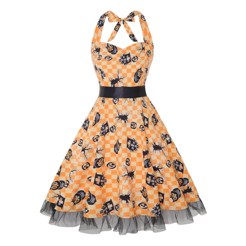 Orange OTEN 4XL женское платье с принтом в виде черепа пэтчворк с цветочным кружевом в горошек Ретро Винтаж в стиле кантри летнее платье,1950s Большой размер строп женское платье платье пляжное - Цвет: Orange