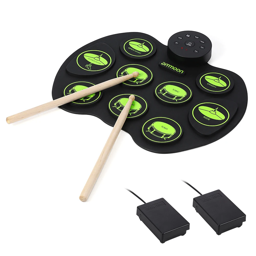 Portable Electronic Drum Set Digital Roll-Up Touch Sensitive Practice Drum Kit 2 Foot Pedals for Kids Beginners No Speakers