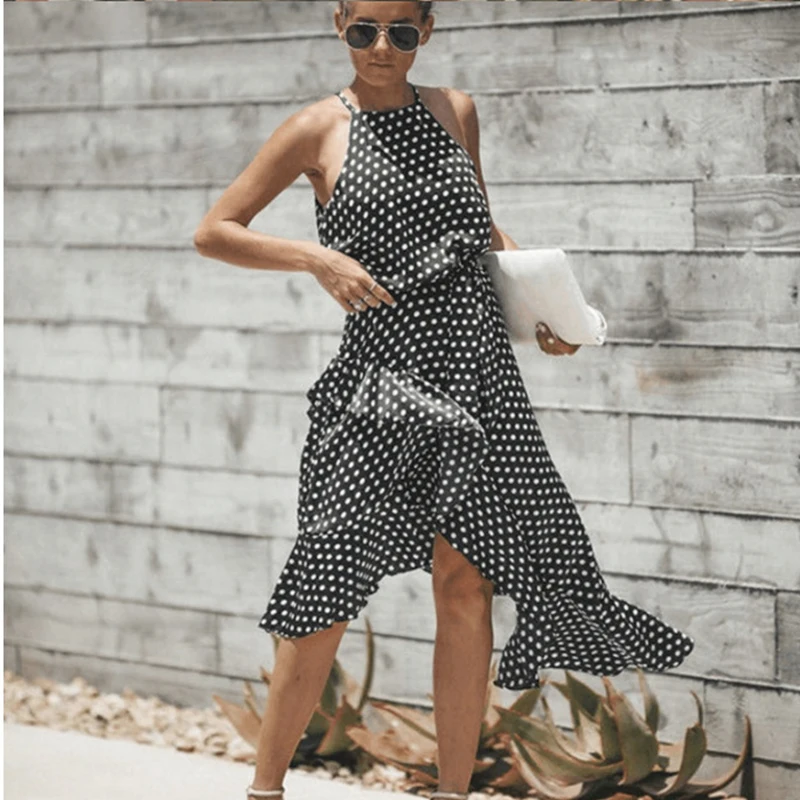 

Fanco Plus Size Polka Dot Summer Sleeveless Dress Fashion Ruffles Trim Asymmetric Hem Knee Length Casual Halter