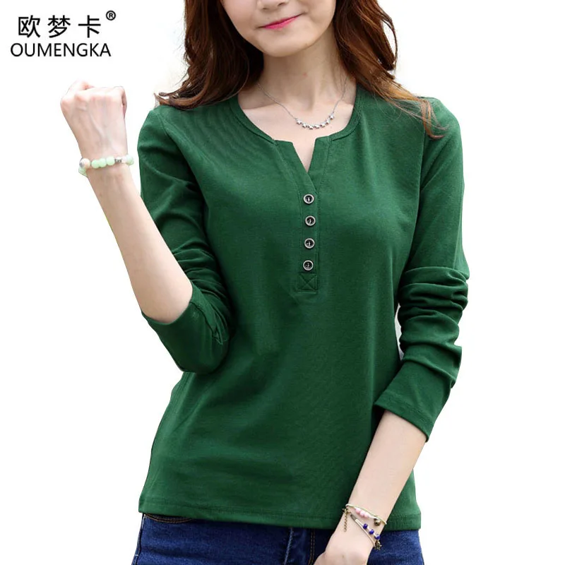 Женская футболка с длинным рукавом OUMENGKA осенняя Однотонная 4XL|poleras de mujer|camisetas