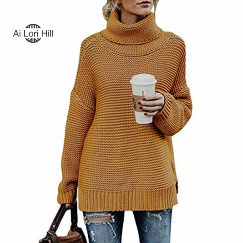 Ai Lori Hill Womens Turtleneck Sweater Knitted Loose Long Sleeve Pullover With Slit Winter Warm Thick Jacket Jumper Oversized | Женская