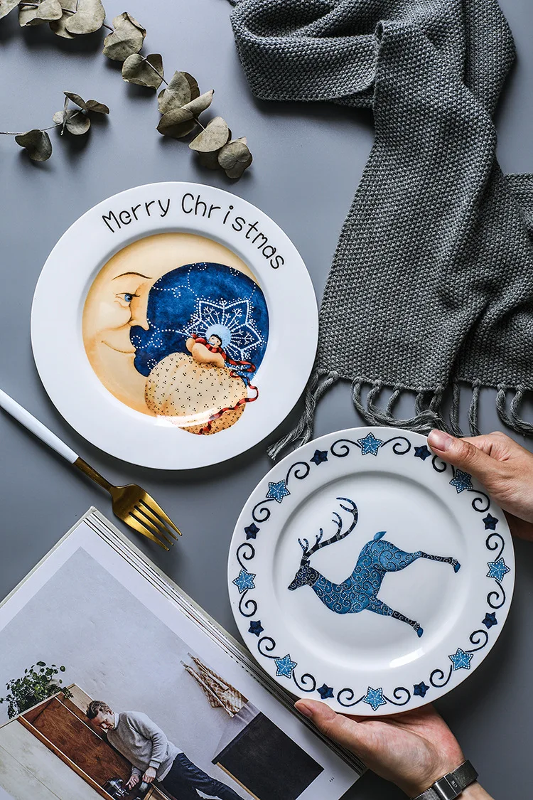 Merry Christmas олень обеденные тарелки Fine Bone Китай кухонная утварь ресторан столовая посуда керамическая тарелка с оленем