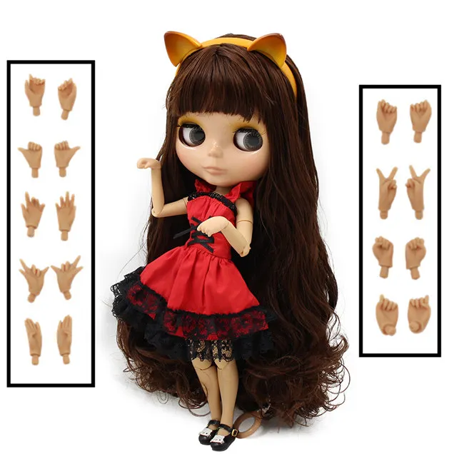 a 1/6 фабричная кукла blyth, игрушка из коричневых волос с челкой, загорелая кожа, повязка на голову для кошки, красное платье, обувь для кошки, комбинация 1/6, 30 см - Цвет: a