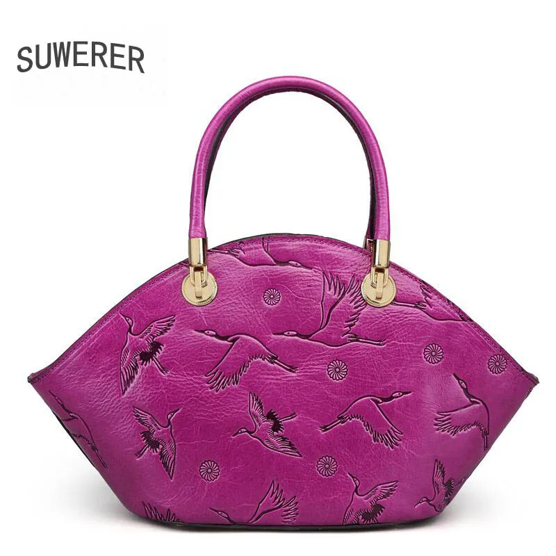 Мягкая сумка из натуральной воловьей кожи роскошная женская с тиснением Cran