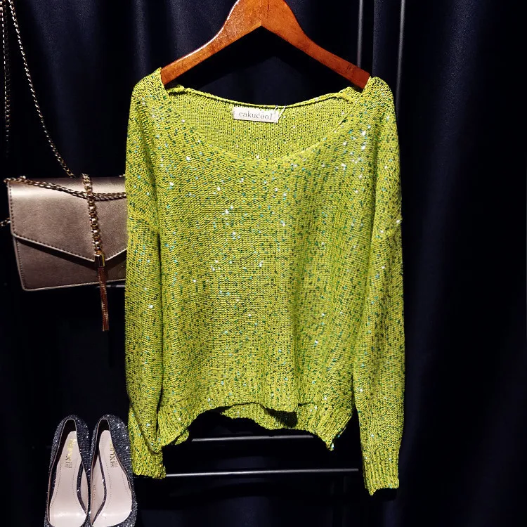 Cakucool Sequined Knit Tops Women Long Sleeve Jumpers Beading Big O-neck Casual Loose Embellish Girls Sweaters Green 14colors | Женская