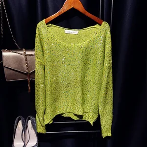 Вязаный топ Cakucool с блестками, женский джемпер с длинным рукавом, с круглым вырезом, украшенный бисером, повседневный свободный зеленый свитер для девочек, 14 цветов