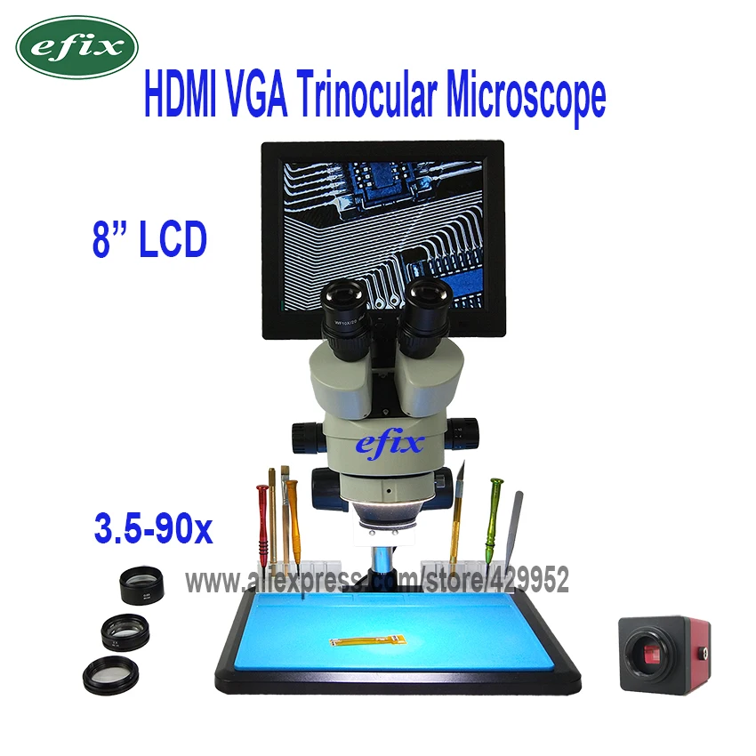 Efix 1" 8" HDMI lcd Тринокулярный паяльный микроскоп стерео зум HD VGA камера с большим верстаком для iPhone Инструменты для ремонта