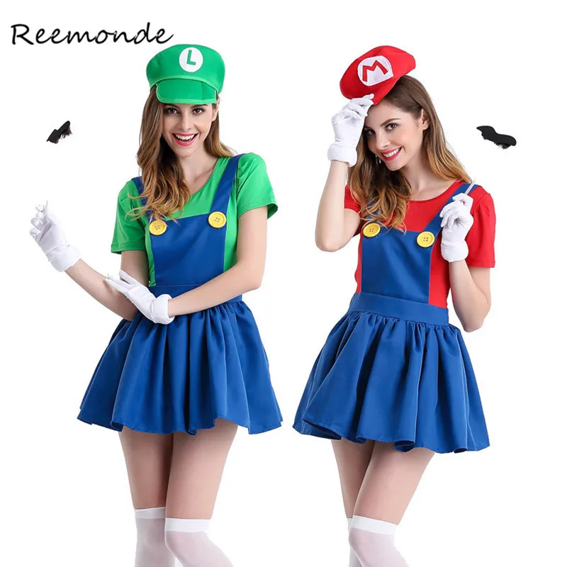 

REEMONDE Adults Funy Super Luigi Brothers Plumber Cosplay Costumes For Women Girls Halloween Fancy Dress Party Costumes