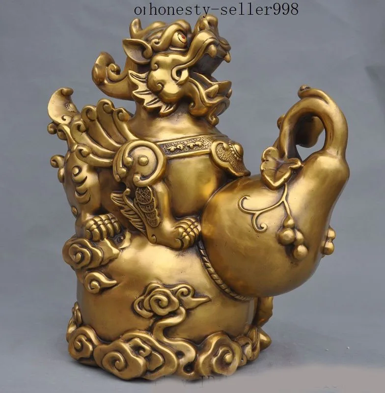 

Christmas 15"China Fengshui Brass Wealth Money Gourd Evil Unicorn Kylin Pixiu beast statue Halloween