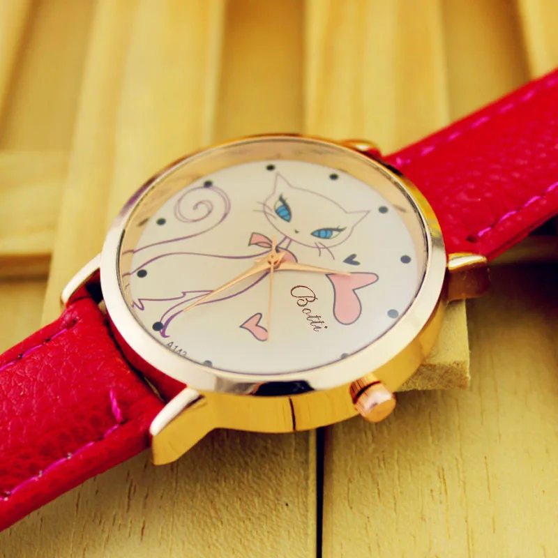 Модные женские искусственный кожаный полосатый ремешок с узором Love cat Dial Relogio feminino Аналоговые кварцевые наручные часы Cat женские часы B40
