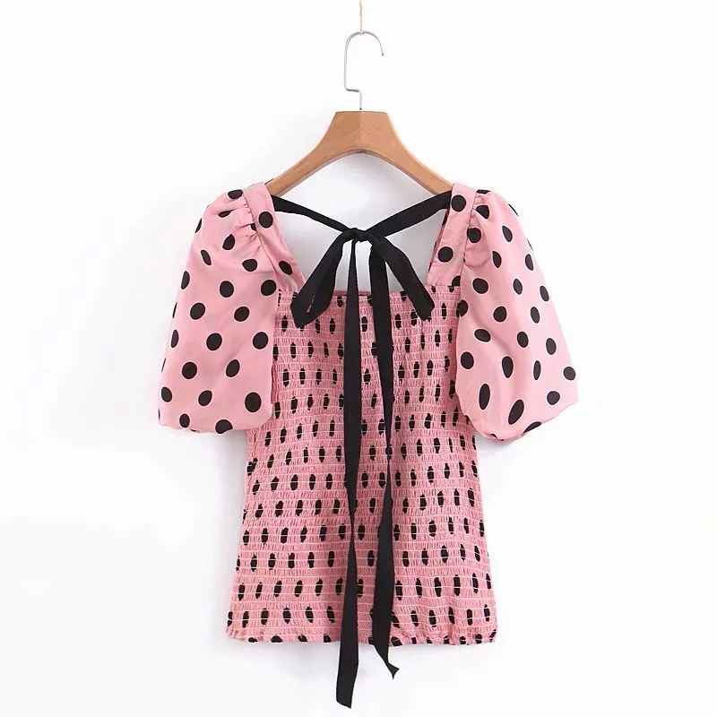 Runway Women Dots Shirt Sexy Square Collar Half Lantern Sleeves Blouse 2019 Summer Chiffon Super Elastic Shirts Sweet Clothing | Женская