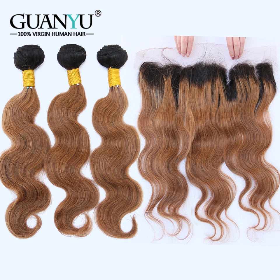 Guanyuhair 1B/30 коричневый Ombre бразильский волос Weave комплект средства ухода за кожей волна натуральные волосы remy 3 s с фронтальной 13X4