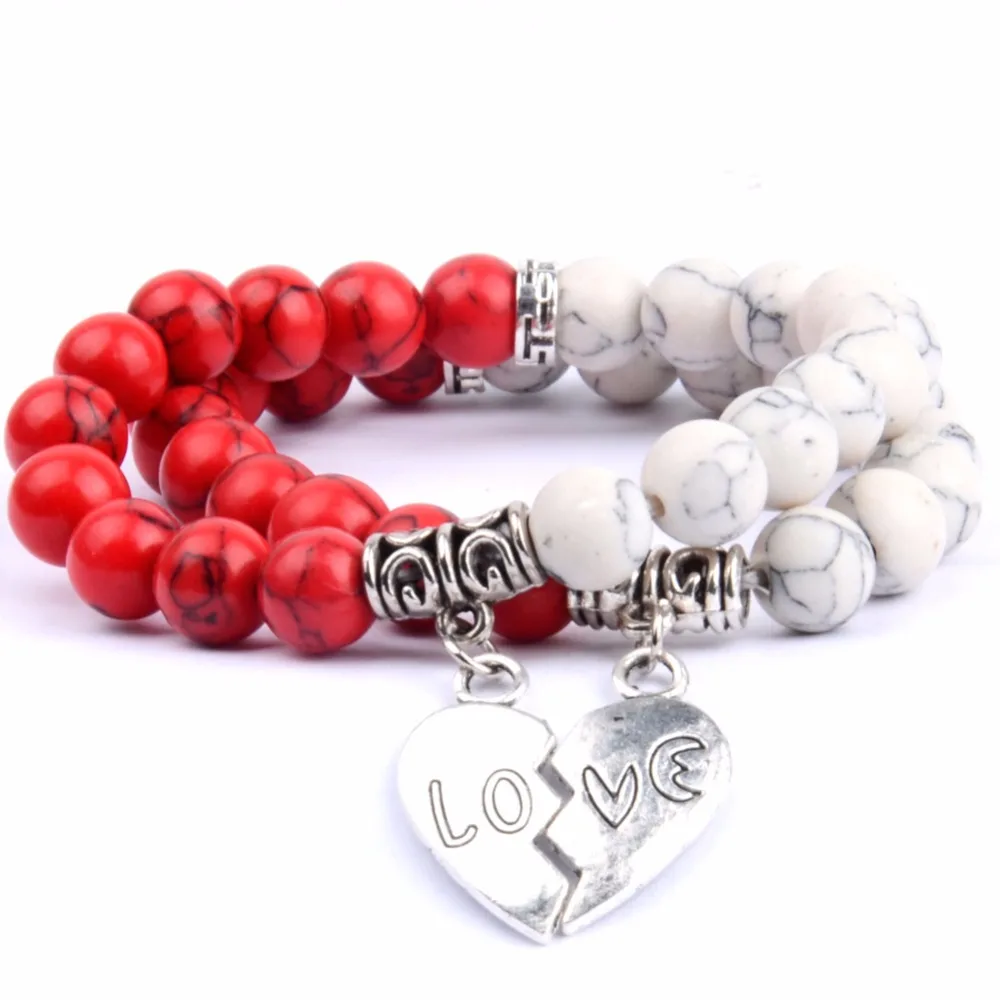 Браслеты Trendy Lover для пар, синтетические, белые/красные, бусины из турмалинового камня, сердечная подвеска для женщин и мужчин, ювелирные изделия.