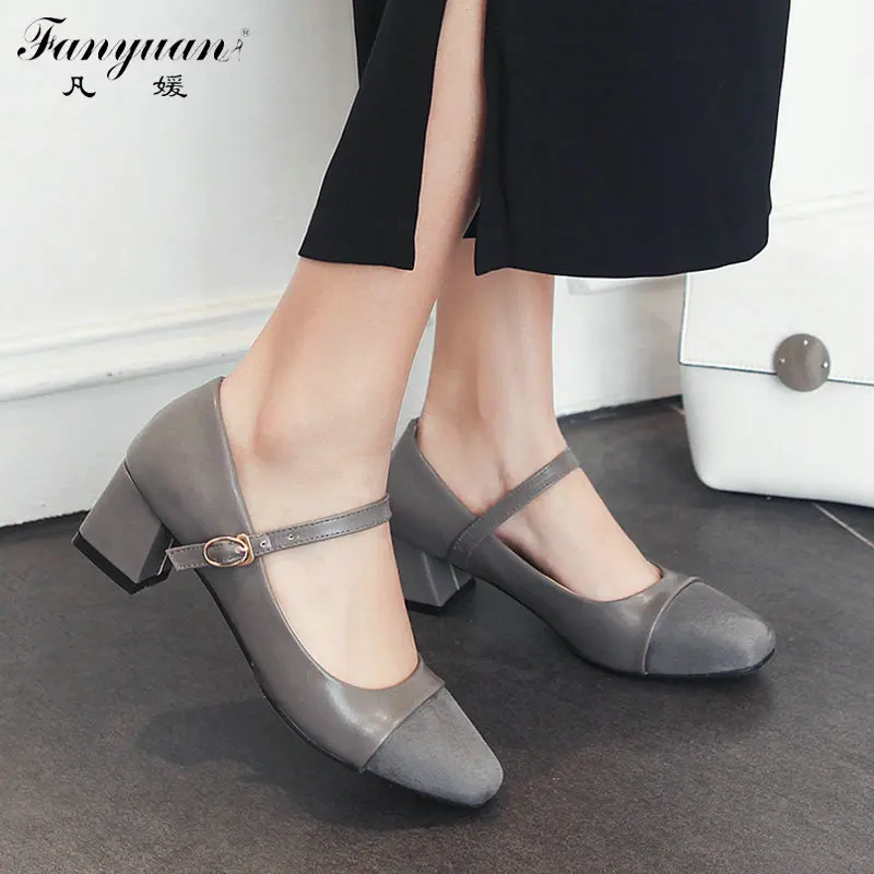 

Fanyuan Mixed Colors Pumps Women Shoes Party Plus Size Thick Med Heels Square Toe Mary Jane Pumps 2018 Spring Summer Sweet Shoes