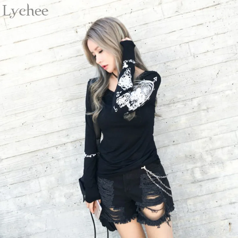 Lychee в стиле панк готика женская футболка с принтом форме буквы печати Тонкий
