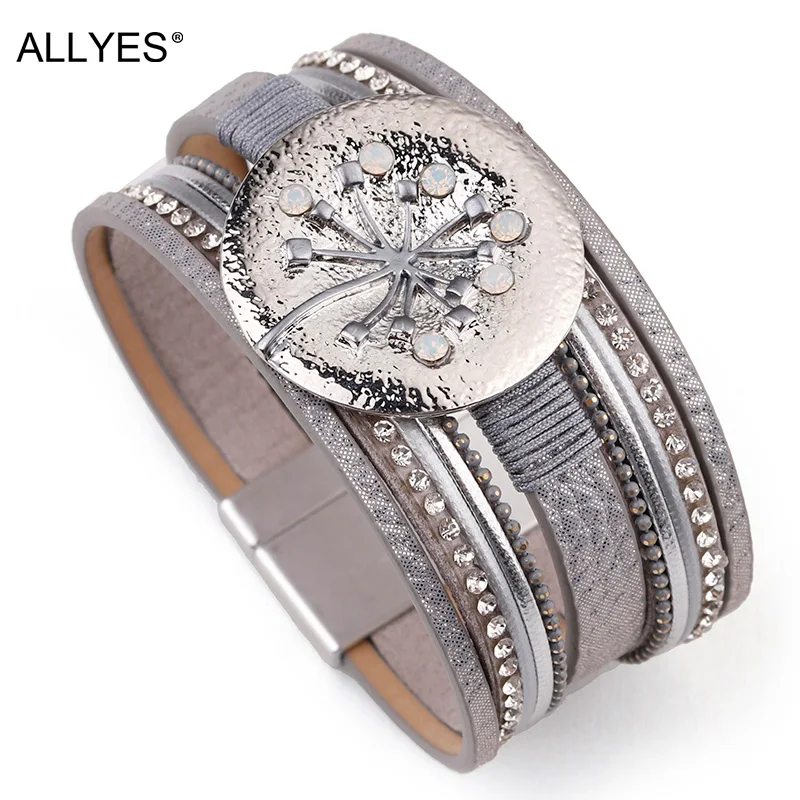 

ALLYES Multilayers Leather Bracelet Female Round Metal Charm Crystal Femme Wrap Wide Bracelets & Bangles For Women Jewelry