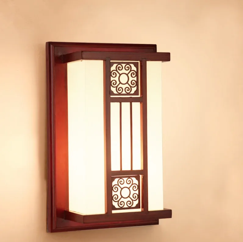 

Chinese retro brown carved wood frame wall lamps Antique white&yellow parchment E27 LED lamp for porch&stairs&pavilion XDBD001