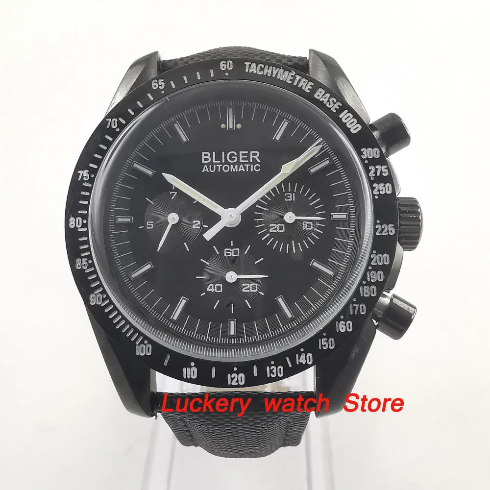 40 мм Bliger мужские часы черный циферблат арочное стекло многофункциональная Дата