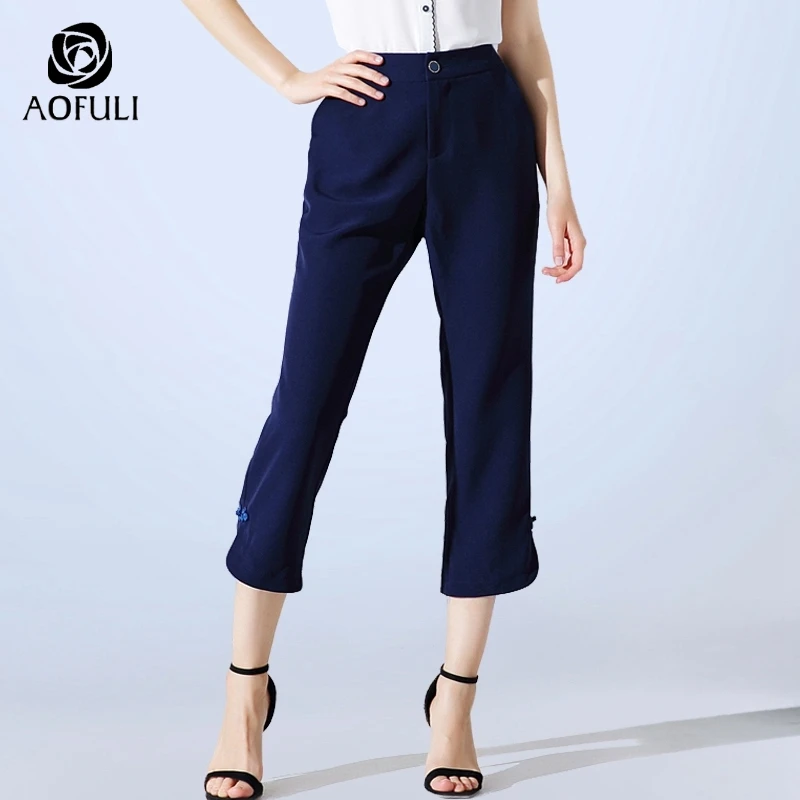 AOFULI 4XL/5XL Женские брюки длиной до икры Синие Большие размеры Летние повседневные