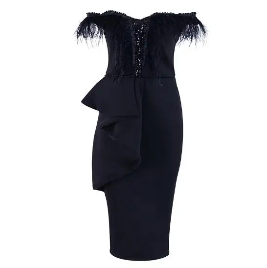 

High Quality Sexy Strap Feathers Elegant Night Club Fashion Women Bodycon Evening Party Bandage Dresses