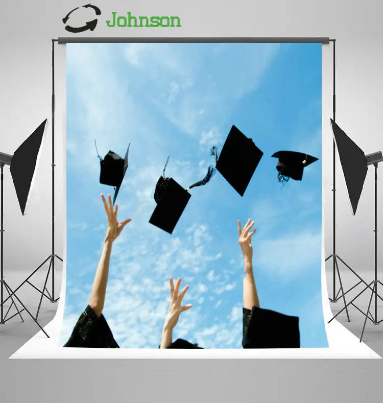 

Blue Sky Graduates Throwing Graduation Hats Educational background polyester or Vinyl cloth Computer print wall backdrops
