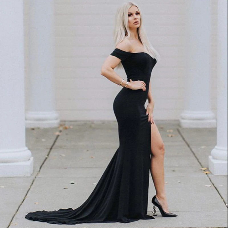 

Женское эластичное платье до пола, черное облегающее платье с открытыми плечами, высокими штанинами и разрезом, красное Клубное платье с от...