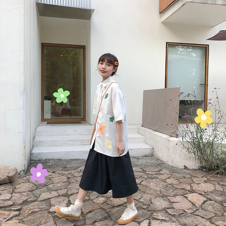

2020 summer preppy Style cartoon floral print Women Tops Womans short Sleeve cotton blouse and Shirts (F3741)