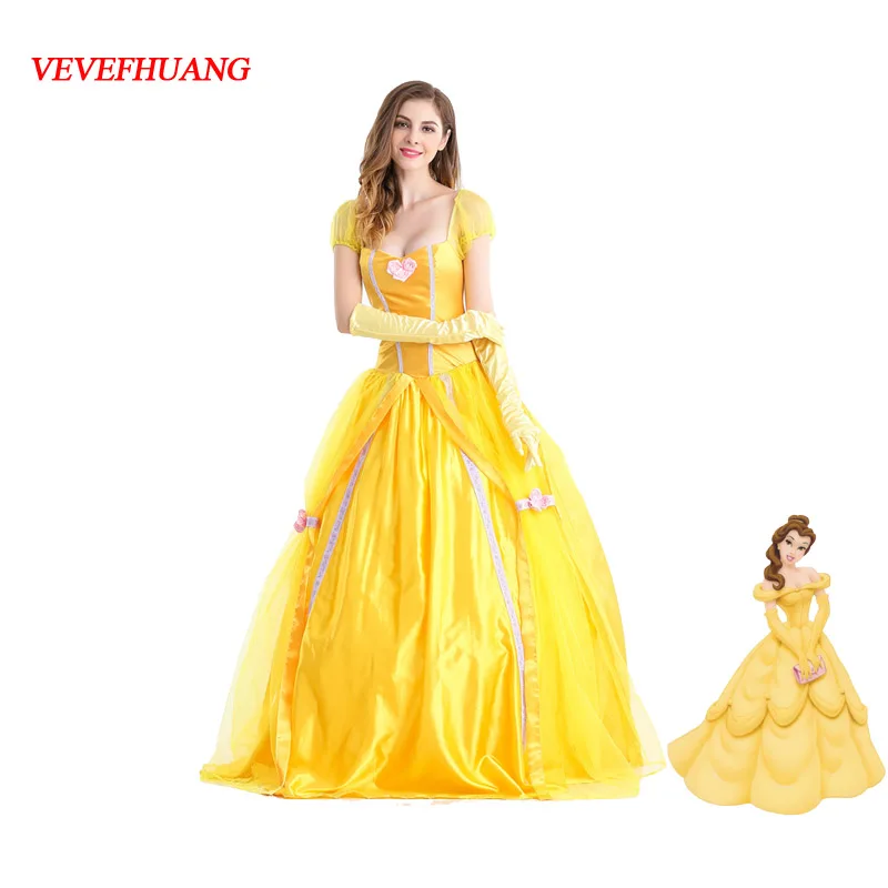 VEVEFHUANG Красавица и Чудовище мультяшный костюм для женщин взрослых Belle Платья вечерние Необычные девушки цветок желтый длинный принцесса платье - Цвет: Belle