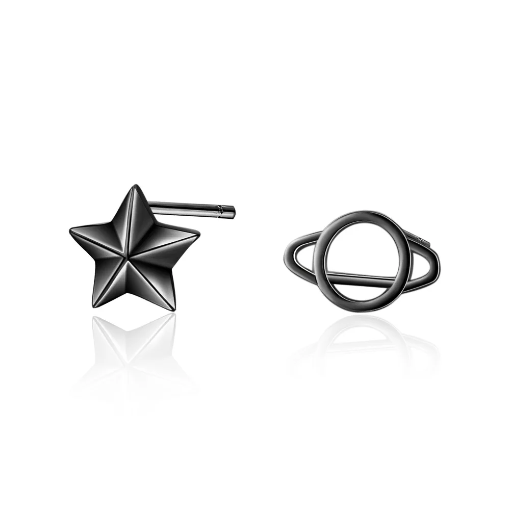 

100% 925 Sterling Silver Elegant Asymmetric Black Universe Star Female Stud Earrings Wholesale Jewelry Women Gift Students