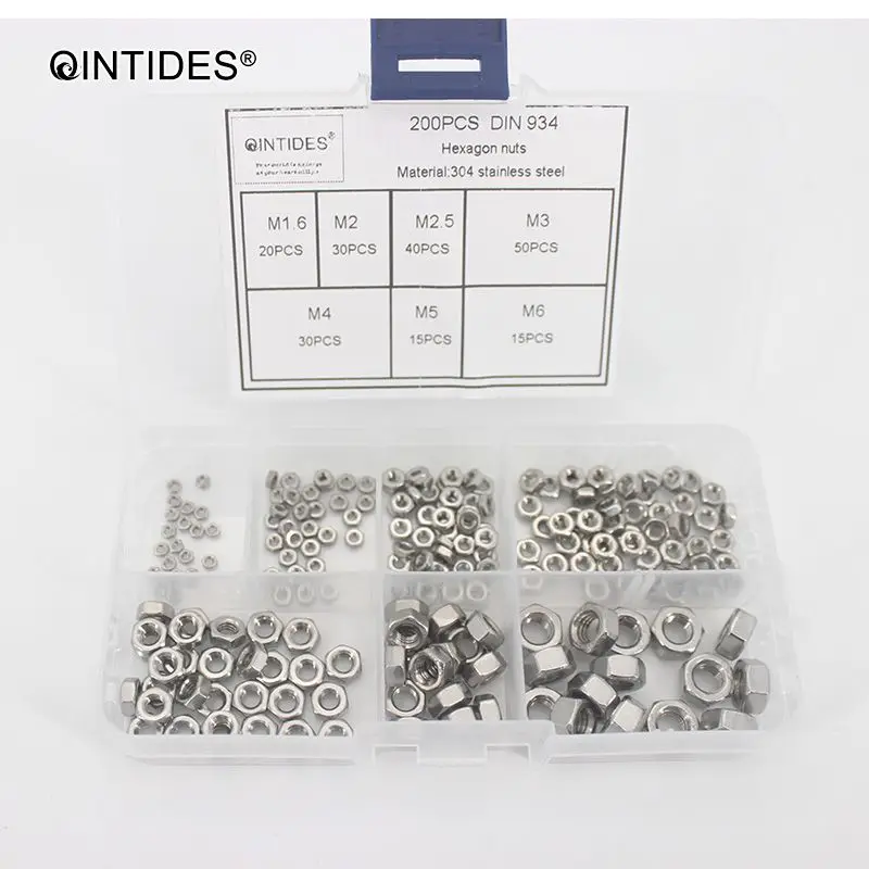 Qintides 200 шт./компл. M1.6 M2 M2.5 M3 M4 M5 M6 шестигранные гайки с метрической резьбы 304 нержавеющая сталь шестигранные гайки din934