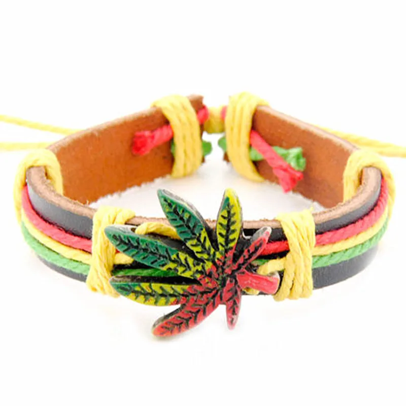 Модные кленовые листья Rasta Конопля обертывание кожаный браслет регулируемый