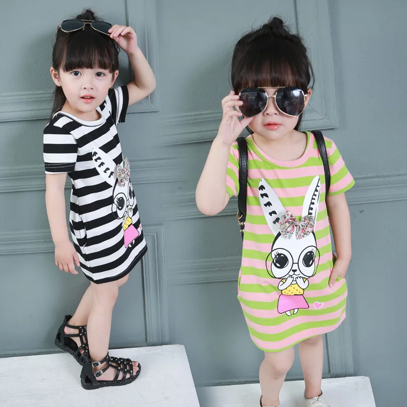 

Розничное платье-рубашка в полоску для маленьких девочек 100% хлопковое детское платье с принтом мультяшного зайца с карманами по обе стороны 4 цвета