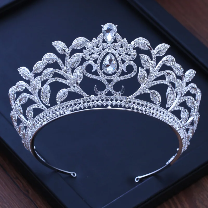 

Baroque Luxury Big Crystal Leaf Bridal Tiaras Crowns Diadem Pageant Prom Rhinestone Veil Tiara Headband Wedding Hair Accessories