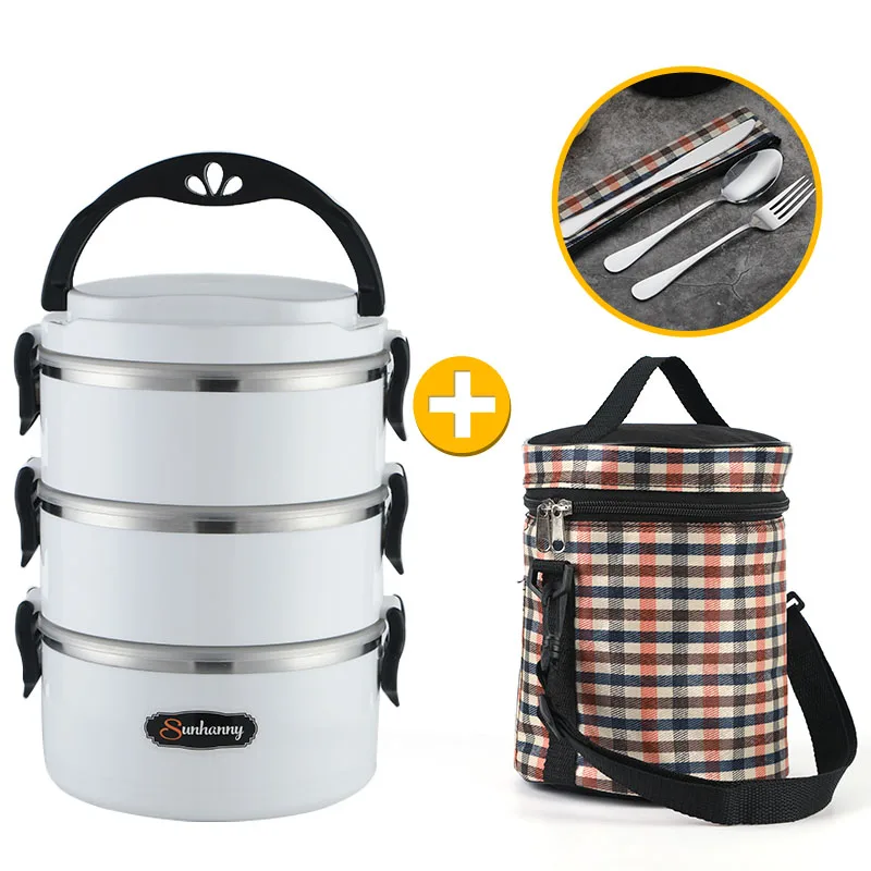 White 3-layer Sunhanny термальный Ланч-бокс, контейнер для еды, Bento box из нержавеющей стали, ланчбокс для детской школы с термосумкой и столовыми приборами - Цвет: White 3-layer
