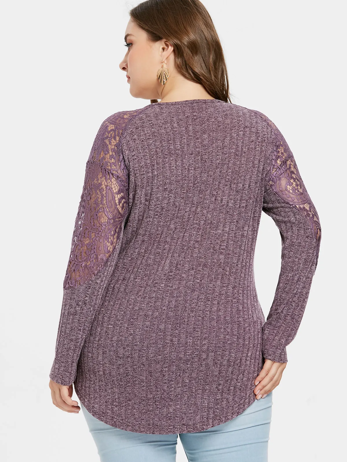 Wipalo Women Autumn Plus Size 5XL Lace Insert Marled Knitwear Casual Up Front O Neck Long Sleeve Pullover Sweater | Женская одежда