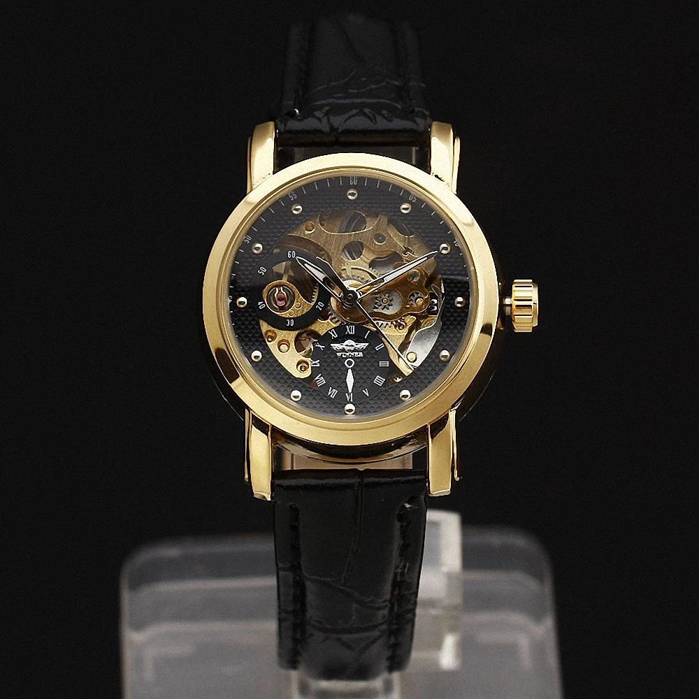 Женские автоматические механические часы WINNER черные наручные с кожаным ремешком