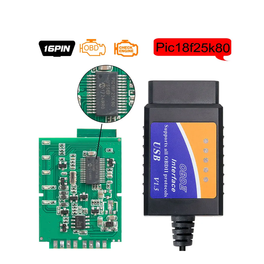 PIC18F25K80 ELM327 V1.5 USB PIC18f25k80 чип OBD OBDII автомобильный диагностический инструмент OBD2 ELM 327 в 1,5 USB версия Адаптер Код Сканирующий инструмент - Цвет: PIC18F25K80