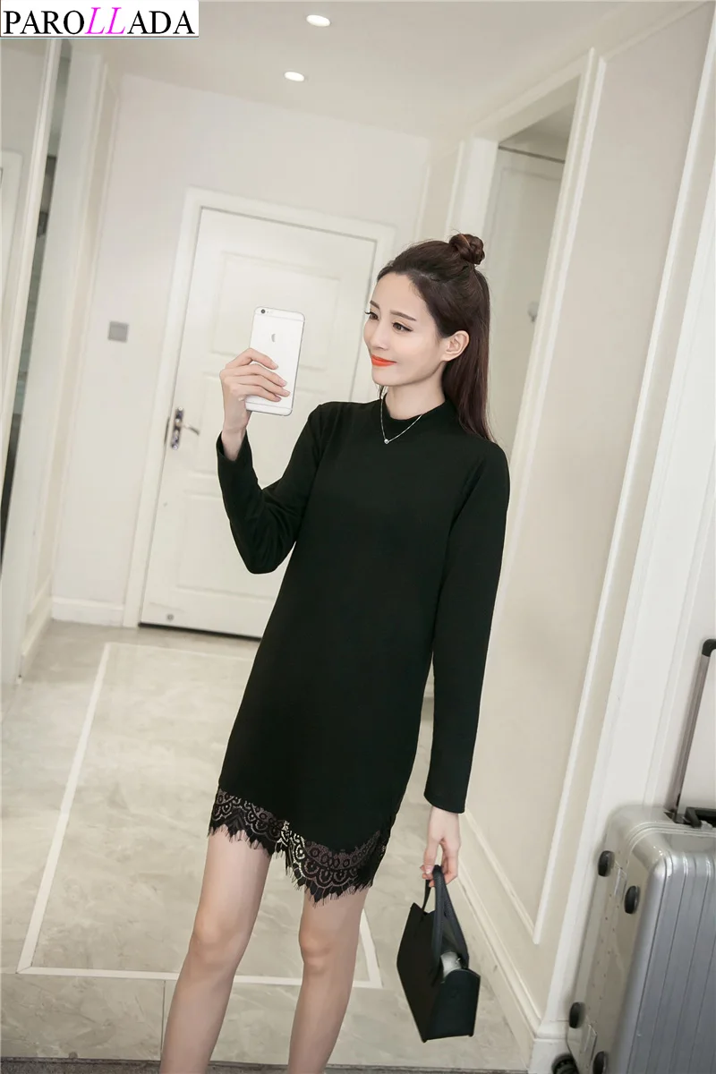 Parollada корейский платье-рубашка с длинными рукавами черного и белого цвета платье