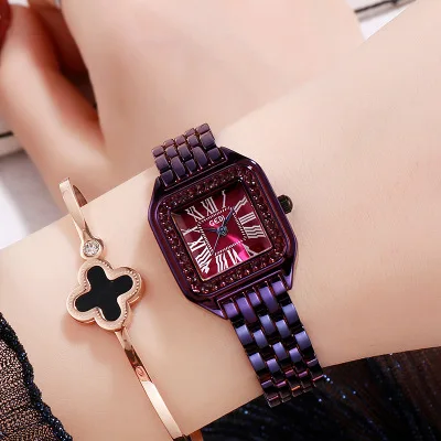 Purple Новые модные женские часы с квадратным циферблатом, стразы, роскошный бренд, браслет из нержавеющей стали, женские кварцевые часы montre femme - Цвет: Purple