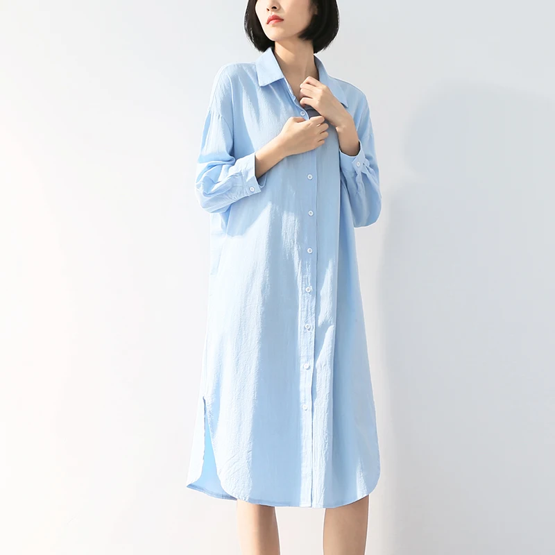 Blue Shirt Women Causal Full Sleeve Turn Down Collar Slit Hem Knee Length Tops With Pockets Female Brief Long Oversize Blouse