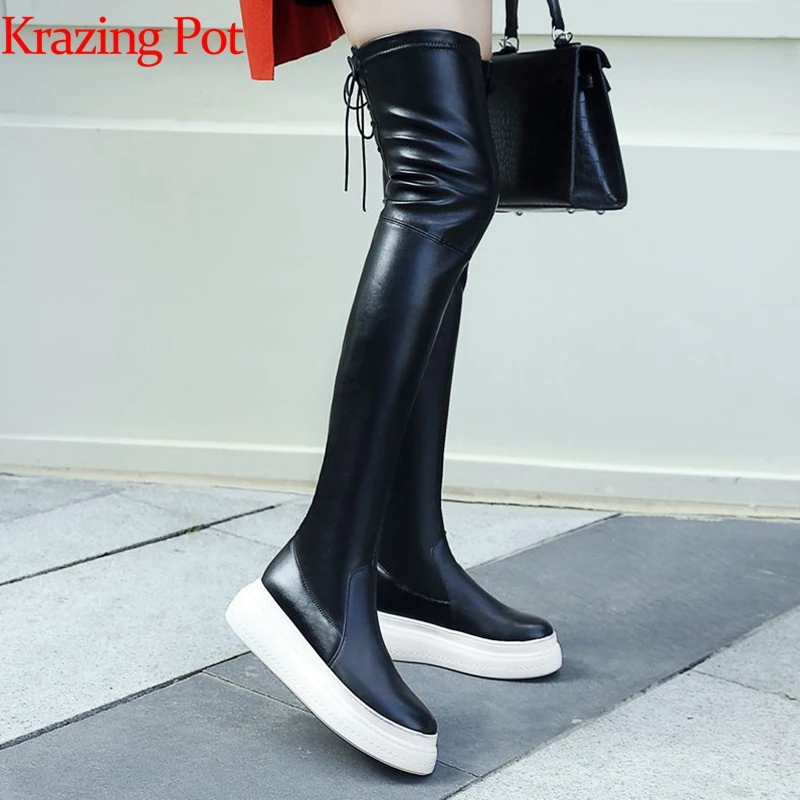 Krazing pot/ г. Детские замшевые сапоги из флока на танкетке и высоком каблуке, водонепроницаемые высокие сапоги в консервативном стиле на тонкую ногу, эластичные ботфорты L11