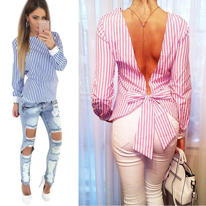 

Backless Bandage Sexy Women Shirt Blouse Large Size Long Sleeve Striped Elegant Cute Shirts For Women 2016 Summer Blouses Top