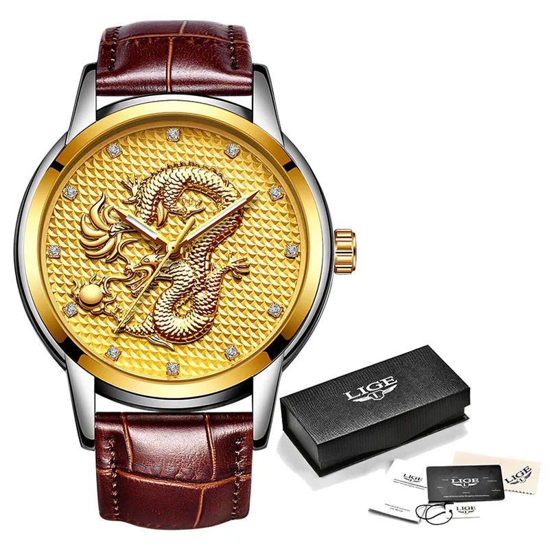 All gold L LIGE, мужские часы, Лидирующий бренд, Роскошные Кварцевые часы, мужские, повседневные, водонепроницаемые, золотой дракон, полностью стальные, спортивные наручные часы, Relogio Masculino - Цвет: All gold L