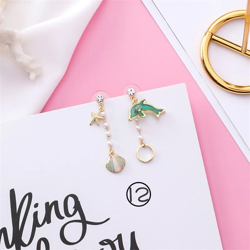 style-12 Япония и Южная Корея Харадзюку мультфильм Асимметричный Морская звезда раковина жемчужные серьги простые милые розовые блестки русалка серьги гвоздики - Окраска металла: style-12