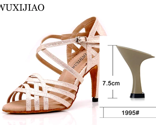 Gold heel heel 7.5cm WUXIJIAO Women Party Dance Shoes Satin Shining rhinestones Soft Bottom Latin Dance Shoes Woman Salsa Dance Shoes heel5CM-10CM - Цвет: Gold heel heel 7.5cm