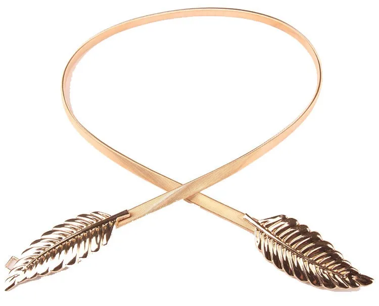 

2021 New Style European Fashion Belt Womens Decoration Casual Elastic Spring Gold /Silver Thin Slim Leaf Waist Belt For Dress