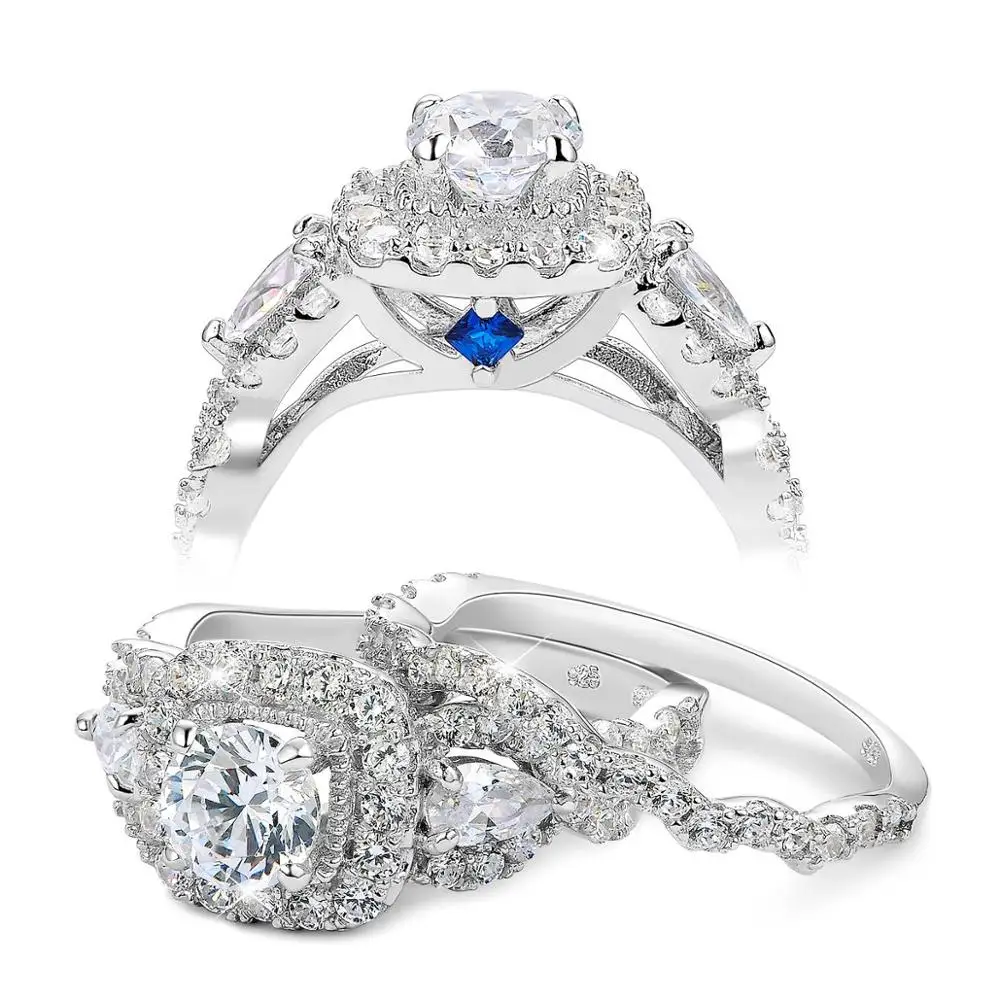 Newshe 2 шт. Halo стерлингового серебра 925 обручальные кольца для женщин 1,5 Ct круглые грушевидные режущие AAA CZ классические ювелирные украшения, обручальное кольцо набор