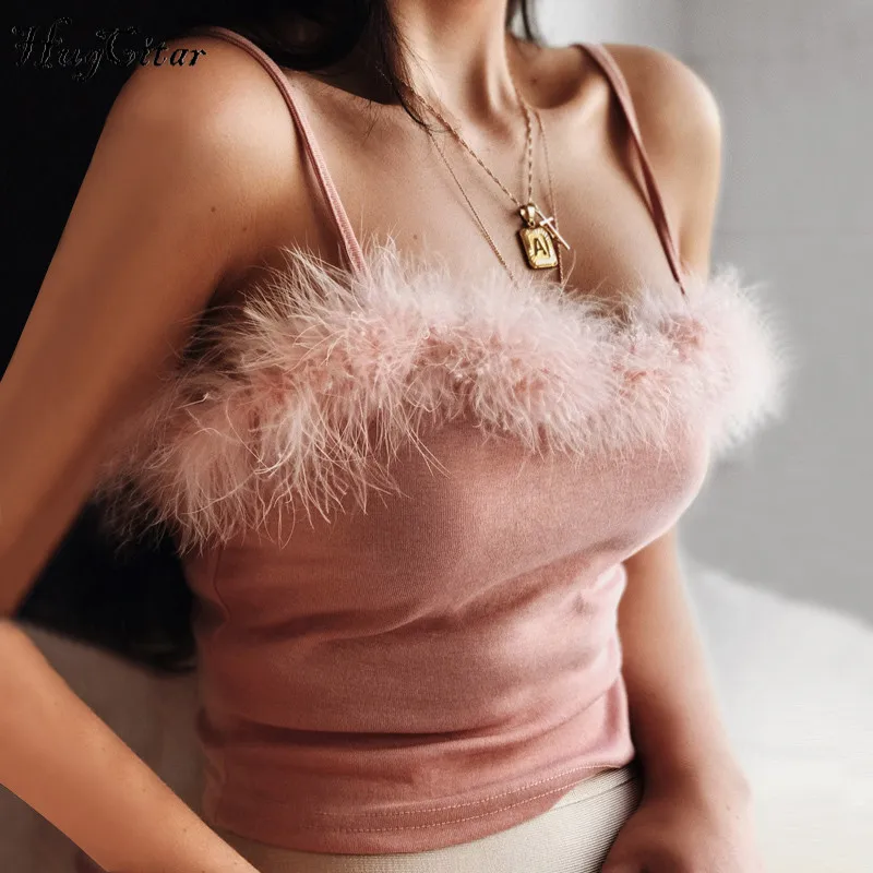 Женский топ на бретельках Hugcitar розовый однотонный с мехом 2018|crop tank|crop tank topfashion tops |