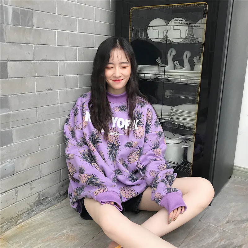 

Толстовка Cutey Толстовка ананас для женщин 2019 верхняя одежда с круглым вырезом Свободная Женская Повседневная Студенческая куртка топ для д...